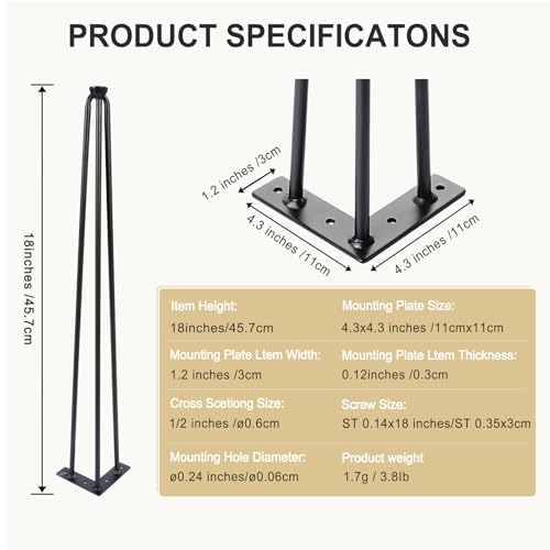 18 Inch Hairpin Table Legs , 3 Rods, Black, , 4PCS, 900 Lbs Load Capacity - size: 18in