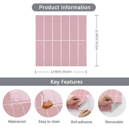 CHIHUT 6 Sheets Pink Glossy Peel and Stick Subway Backsplash Tiles 12"x12" - color: Solid Pink, size: 6 Tiles