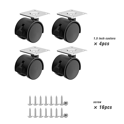 1.5 inch Caster Wheels, Casters Set of 4, Plastic Caster Wheels for Furniture, Plate Swivel Cart Casters with Brakes, File Cabinet Replacement Wheels (4 Pack Black) - style: 1.5 inch with brake