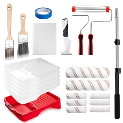 Mister Rui 22-Piece Paint Roller Kit with 3 Ft Extension Pole - size: 22 Pack 9 Inch Paint Roller Kit & Extension Pole