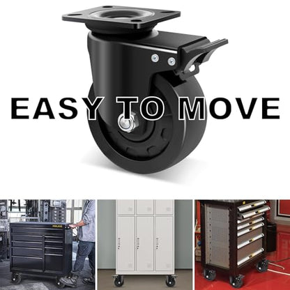 W B D WEIBIDA 5-inch Swivel Plate Caster Wheels Set of 4 Heavy Duty, Load Capacity 9900lbs, Extra Width Wheel & Steel Industrial Caster with Brake, Endurance &Quiet &Sturdy Nylon Wheels for Equipment - style: 5 inch(Metal)