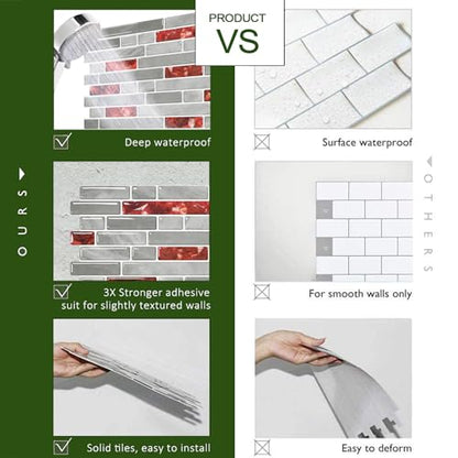 STICKGOO Thicker Peel and Stick Backsplash Tile for Kitchen and Bathroom - color: Red