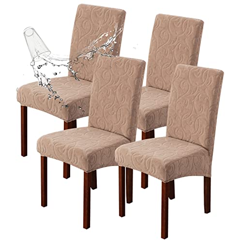 Waterproof Dining Room Chair Covers, Stretch Parsons Chair Slipcovers - color: Flower Pattern-khaki, size: Regular-4 Pack