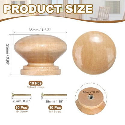 PATIKIL 1-3/8 Inch Round Wood Cabinet Knobs, 10 Pcs x Knob, 10 Pcs x Screw, Wood Color, Wood Material, 1-3/8 inch x 0.98 inch - color: Wood Color