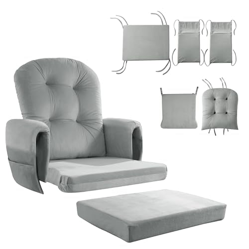 HOMBYS Glider Rocker Replacement Cushions 5 PCS with Storage Side Pocket, Velvet Fabric, Foam & Microfiber Filling, Non-Slip & Washable,Thickened & Supportive for Glider Rocking Chair-Light Grey - color: Light Grey