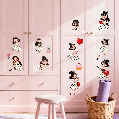Peacoblue Polka Dot Girl Rub On Transfers for Furniture 6"x12" - style: Cartoon Girl with Polka Dot Skirt