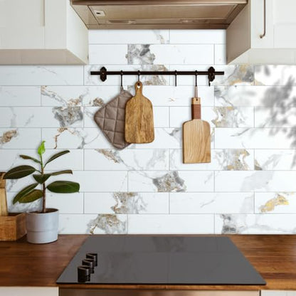 AULIGET 40-Piece Polished White Marble with Gold Peel and Stick Backsplash Wall Tiles, 3" x 12" PVC Faux Stone Stick on Tiles for Backsplash Kitchen, Bathroom, Laundry Room, Camper, Fireplace - color: Polished White Marble & Gold, size: 40 Pieces, 3"x12"x