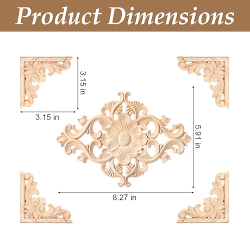 20 Pcs (4 Set) Wooden Appliques Decorative Carved Onlays, Wooden Carved Appliques DIY Decoration for Wood Furniture, Wood Carving Decals for Wall Cupboard Door Bed Cabinet