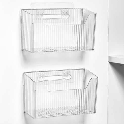 Sinnsally 2 Pack Cabinet Door Organizer,Self Adhesive Lid Organizer Inside Cabinet Storage Boxes,Stackable Hanging Basket Bins Wall Mounted Shower Caddy Holder for Kitchen,Bathroom,Pantry(Clear White) - color: Clear White