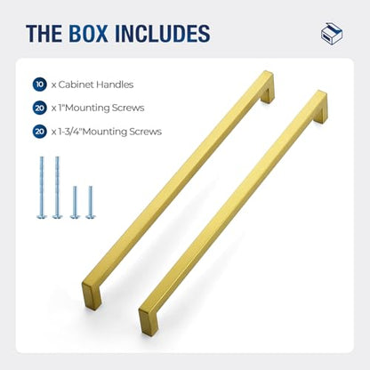 JOY DECOR Gold Cabinet Handles Square Cabinet Pulls 12-3/5 Inch CC, 10 Pack - size: 12-3/5 Inch Hole Center