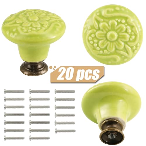 Ceramic Knobs, Embossed Floral Design - Sage Green, 20pcs - color: Sage Green