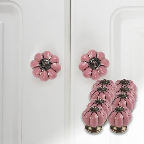 8PCS Pumpkin-Shaped Ceramic Drawer Knobs, Colorful Vintage Cabinet Handles For Dresser Wardrobe Kitchen(With Screws), Light Purple