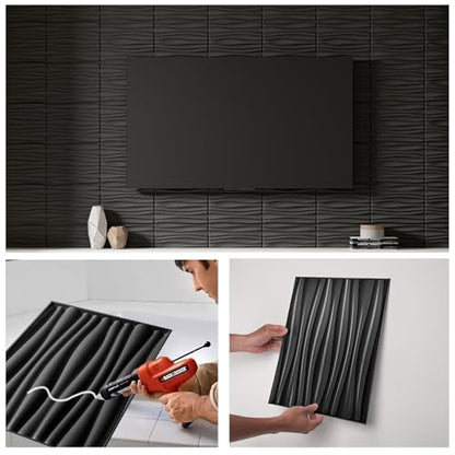 Art3d PVC Wavy Textured 3D Wall Panels, 15.7 x 11.8 Inch, 24-Pack, Black - color: Black