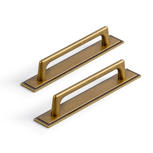 Goo-Ki Antique Brass Cabinet Pulls with Classic Grooved Edge Square Backplate- 2 Pack 5''(128MM) Hole Centers Zinc Alloy Drawer Handle - color: Antique Brass, size: 5'' Hole Centers, style: Classic Grooved Edge Square Backplate