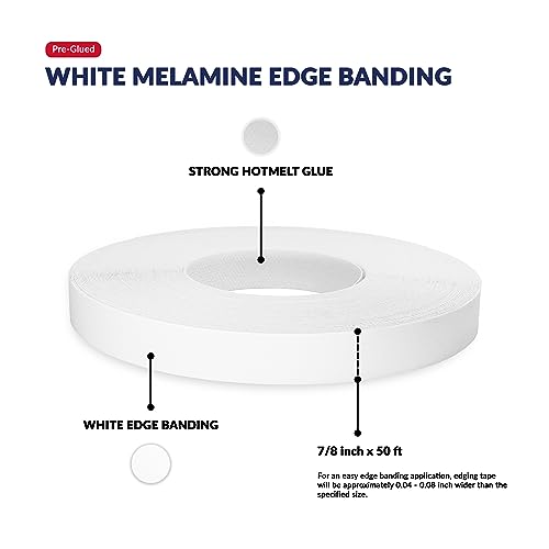 UNMAR White Edge Banding Melamine Iron On Tape Adhesive Wood Board Edging Strips Veneer Trim Laminate Cabinet Furniture MDF Plywood Formica Shelf Stick Countertop (1, White, 7/8 in x 50 ft) - size: 7/8 in x 50 ft