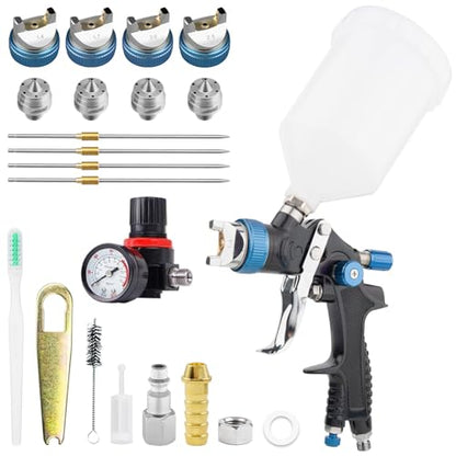 HVLP Paint Spray Gun, Air Gravity Feed System with 4 Nozzles 1.4/1.7/2.0/2.5mm & Regulator for Efficient, Automotive Paint Gun for Car, House Painting, Furniture, Wall, Shed, Fence Painting (Blue) - color: Blue
