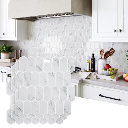 Vamos Tile Upgraded Thicker Design Backsplash Tile Peel and Stick, 10-Sheet Grey Marble Long Hexagon Self Adhesive Wall Tiles Stick On Backsplash for Kitchen Bathroom RV Fireplace