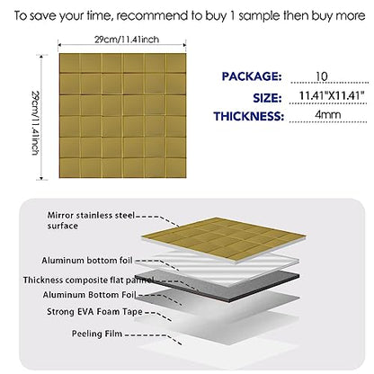 Yipscazo 10 Sheet Peel and Stick Backsplash Mosaic Tiles Stainless Steel Metal Kitchen Backsplash Stick on Tiles for Stove, Bathroom, Laundry in Mirror Gold (11.8'' x 11.8'') - color: Gold