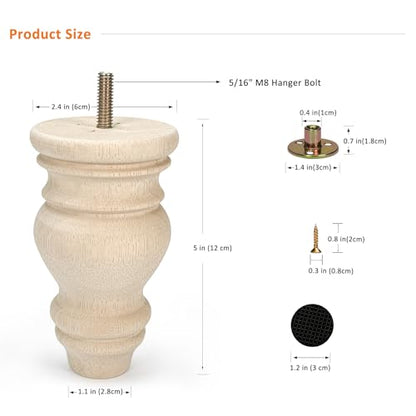 5 Inch Wood Furniture Legs Set of 4 Round Bun Feet Unfinished Replacement - size: 5inch