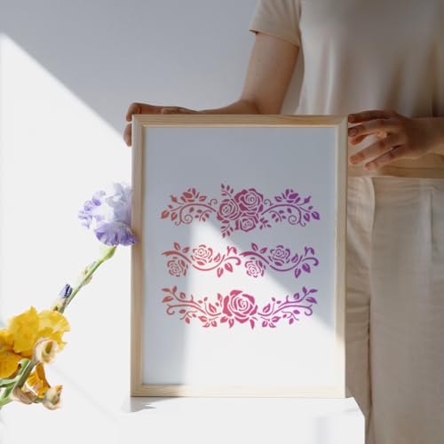 MAYJOYDIY Rose Lace Border Stencil Floral Vine Art Stencils 11.8×11.8inch Reusable Plants Craft Stencils with Paint Brush Flower Border Template for Craft on Window Wood Wall Home Decor - style: Rose Lace Border
