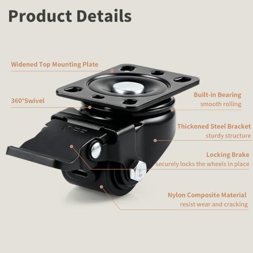 1.25" Heavy Duty Low Profile Swivel Plate Casters with Brake, 4 Pcs