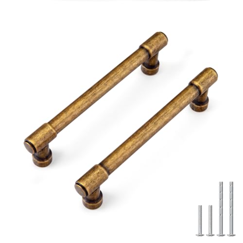 Goldenwarm 10 Pack 5 Inch Antique Brass Cabinet Pulls Modern Kitchen & Bathroom Hardware Heavy Duty Zinc Alloy Drawer Handles with Complete Screw Kit Consistent Finish for Whole-Home Renovations - color: Antique Brass, size: 5 Inches Hole Center