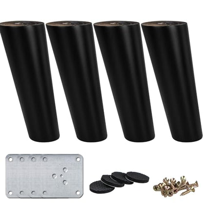 La Vane 4 inch / 10cm Wooden Furniture Legs, 4PCS Soild Wood Oblique Tapered Black Replacement Feet with Mounting Plate for Couch Sofa Cabinet TV Stand Armchair - color: Black, size: 4"/10cm