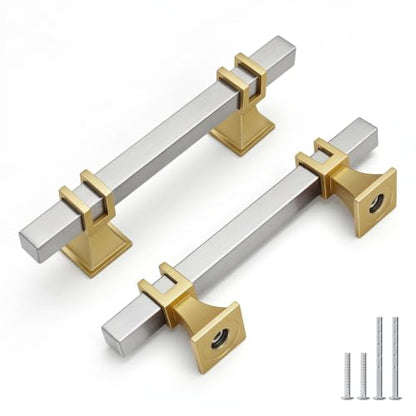 Goldenwarm Brushed Nickel and Gold Cabinet Pulls 3" Nickel and Brass Pulls - color: Brushed Nickel & Matte Gold, size: 3 Inch Hole Centers