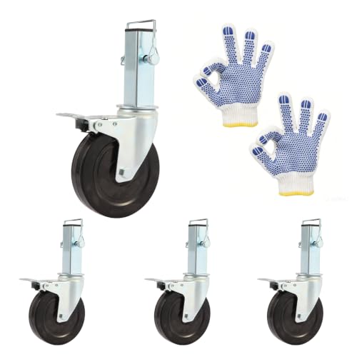 Heavy Duty 5-Inch Scaffold Casters with Dual Brakes (4 Pack) – 440 LBS per Wheel, 1-1/4″ Square Stem, Solid Rubber on Steel Core, Replacement Wheels for Baker Scaffold, Work Platforms & Shop Carts