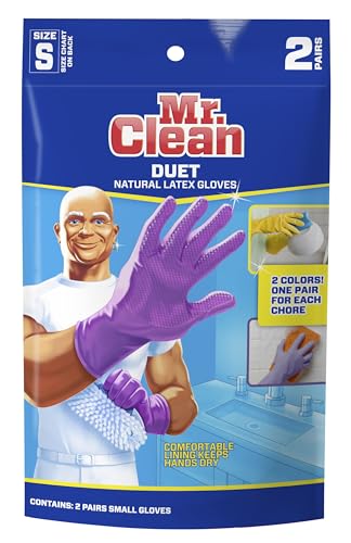 Mr. Clean Duet Reusable Latex Cleaning Gloves with Non-Slip Grip, 2 Pair, Small - size: Small (Latex, 2 Pair)