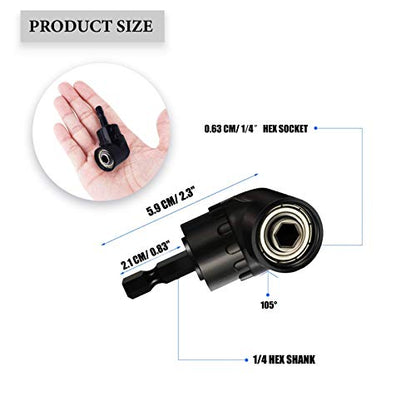 Right Angle Drill Attachment 1/4inch Hex Shank Right Angle Screwdriver Drill Bit Holder 105 Degree Drill Bit Extension Socket Adapter+ Flexible Drill Bit Extension-BLACK