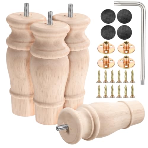 4 Pcs Wood Furniture Legs 6 Inch, Wooden Unfinished Sofa Legs Replacement Mid Century Furniture Replacement Parts with Hardware for Cabinet, Dresser, Couch, Chair