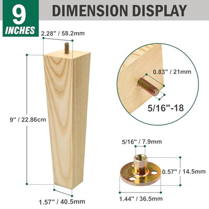 FoDau770 Square Furniture Legs 9 Inch, Ash Wood Legs with 5/16"-18 Bolts - size: 9 Inch
