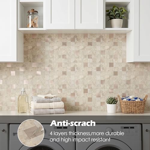 Yipscazo 10 Sheet Peel and Stick Backsplash Mosaic Tiles Stainless Steel Metal Kitchen Backsplash Stick on Tiles for Stove, Bathroom, Laundry in Ecru Stone (11.8'' x 11.8'') - color: Stone Beige