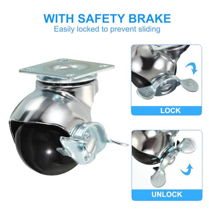 PATIKIL 2 Inch Ball Caster Wheels with Brake, 4 Pack 360° Rotating Swivel Top Plate Wheels 397 lbs Total Capacity Locking Caster with M4 Screws for Furniture Table Cabinet Chrome - color: Chrome, size: 2 Inch