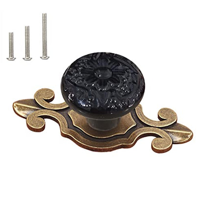 HUAMULAN Ceramic Knobs Cabinet Pulls with Bronze Base Backplate 10 Pack - color: Black Knob + Bronze Base