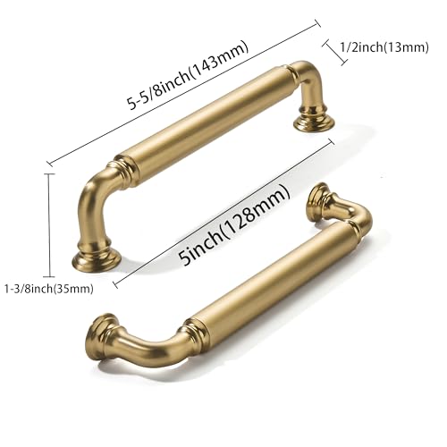 khtumeware 2-Pack Brushed Brass Heavy-Duty Solid Cabinet Pulls, 5 Inch (128mm) Hole Center, Satin Gold Drawer Pulls, Cabinet Hardware, Suitable for Kitchen Cabinets, Bathrooms and Dressers - color: Brushed Brass, size: 5 Inch(128mm)Hole Center