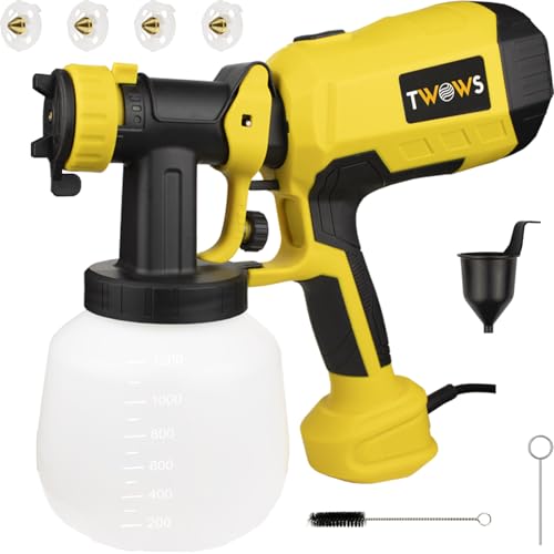 TWOWS, Paint Sprayer, 600W, HVLP Paint Gun, with 1200Ml Container, Cleaning & Viscosity Cup,4 Copper Nozzles and 3 Patterns, for House, Walls, Furniture, Carbinets, Fence, Door etc, Easy to Clean.