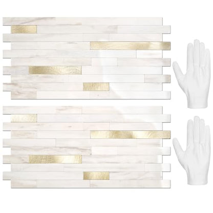 STICKGOO 20 Sheets Peel and Stick Backsplash Tile, Stick on Backsplash for Kitchen and Bathroom, Glossy Eurasian Wood Grain PVC Mixed Metal Gold Self Adhesive Wall Tiles - color: Glossy Eurasian Wood Grain + Metal Gold