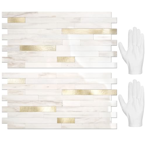 STICKGOO 20 Sheets Peel and Stick Backsplash Tile, Stick on Backsplash for Kitchen and Bathroom, Glossy Eurasian Wood Grain PVC Mixed Metal Gold Self Adhesive Wall Tiles - color: Glossy Eurasian Wood Grain + Metal Gold