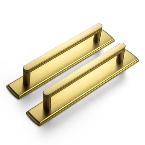 Goo-Ki 2 Pack 5 Inch Brushed Gold Cabinet Pull Handle with Backplate – Decorative Grooved Texture & Non-Slip Grip for Farmhouse/Industrial Kitchen Cabinetry - color: Brushed Gold, size: 5" Center to Center