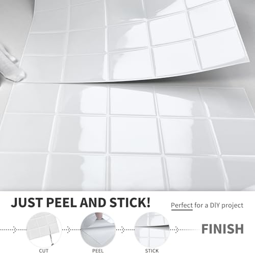 DEWOO White Peel and Stick Backsplash Self Adhesive Wall Tiles 10-Sheet - color: Plain White