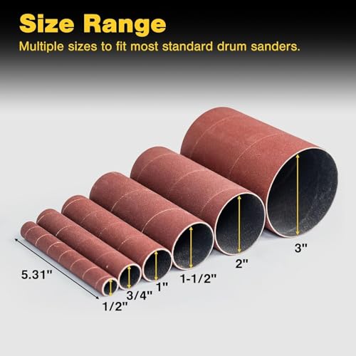 Dark Stone Spindle Sander Sanding Sleeves, 4-1/2" Length, Assorted Diameters 1/2"–3", Aluminum Oxide Replacement Sleeves, 6-Pack, Choose Grit (80)