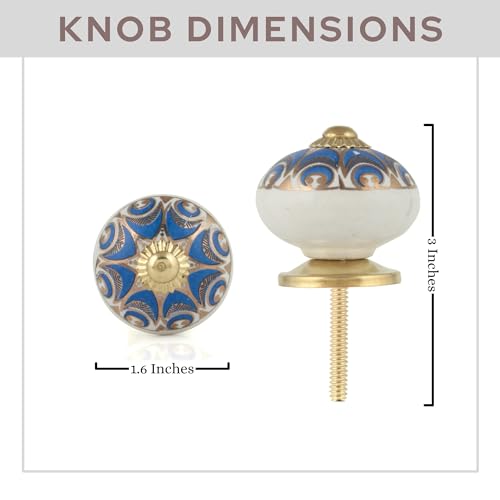 Cabinet Knobs - Indian Handmade Ceramic Dresser Pull Handle Kitchen Cupboard Wardrobe Drawer Pulls Boho Furniture Hardware - Navy Blue Gold - Pack of 4 - color: Navy Blue Gold