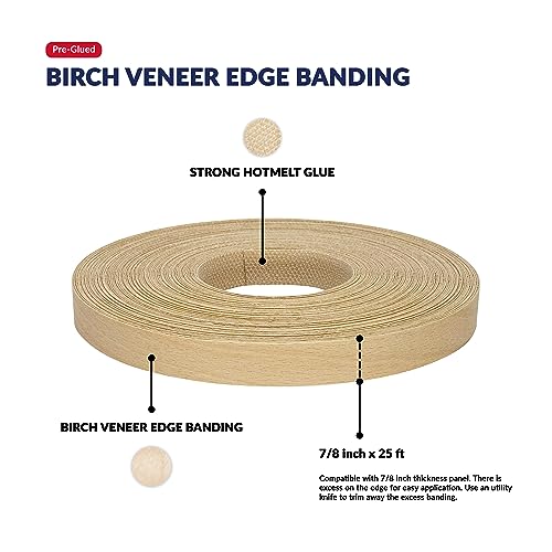 Birch Edge Banding 7/8 inch x 25 feet Wood Veneer Pre Glued Adhesive Edging Trim Band Tape Iron On Flexible Strip Roll Laminate Cabinate Countertop Furniture Shelf MDF Board Paintable Edgebanding - size: 7/8 in x 25 ft