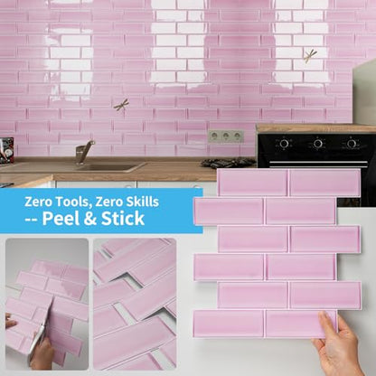 Art3d Seaglass Subway Tile Design Peel and Stick Backsplash, 10-Pack, Pink - color: Pink