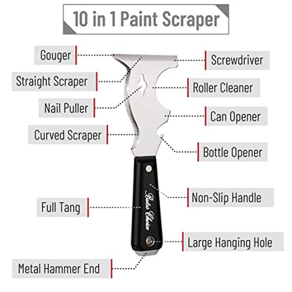 Bates- Paint Scraper, 10 in 1 Painters Tool, Scraper for Wood - color: Black, size: 1 Pack