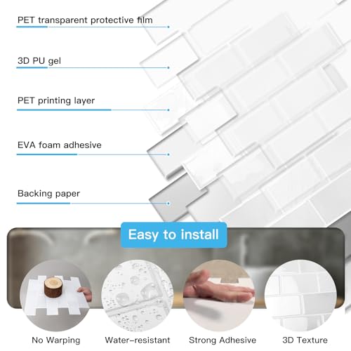 Art3d 10-Pack Subway Peel and Stick Backsplash, White Marble, 12 x 12 Inch - color: White Stone Marble