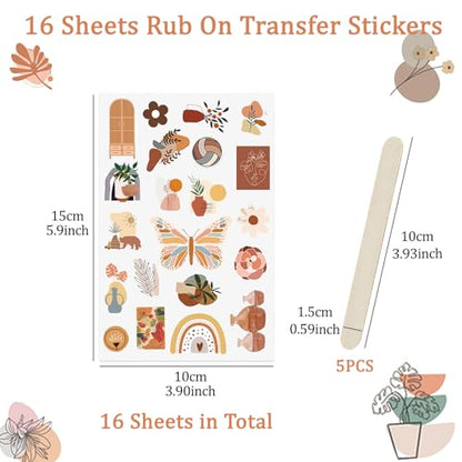 WANDIC 16 Sheets Rub On Transfer Stickers, Aesthetic Decor Scrapbook Sticker for Scrapbook Journal Planner Album DIY Ctaft (Boho Theme) - style: Boho Theme