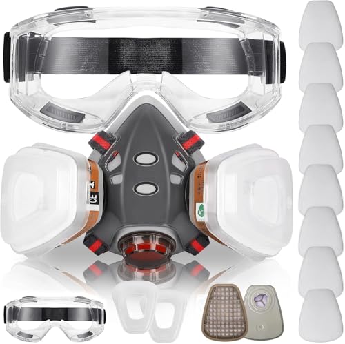 Reusable Half Face Cover with Safety Glasses,Half Facepiece Set Against Spray Paint/Chemicals/Epoxy Resin Perfect for Painters and DIY Project
